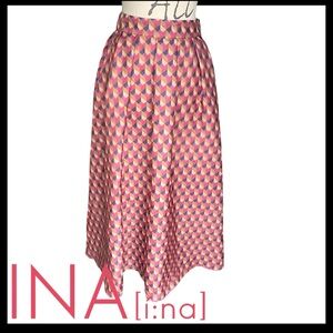 New INA Pink/Black/Taupe Geo Pattern Iridescent A-Line Full Maxi Skirt (S)